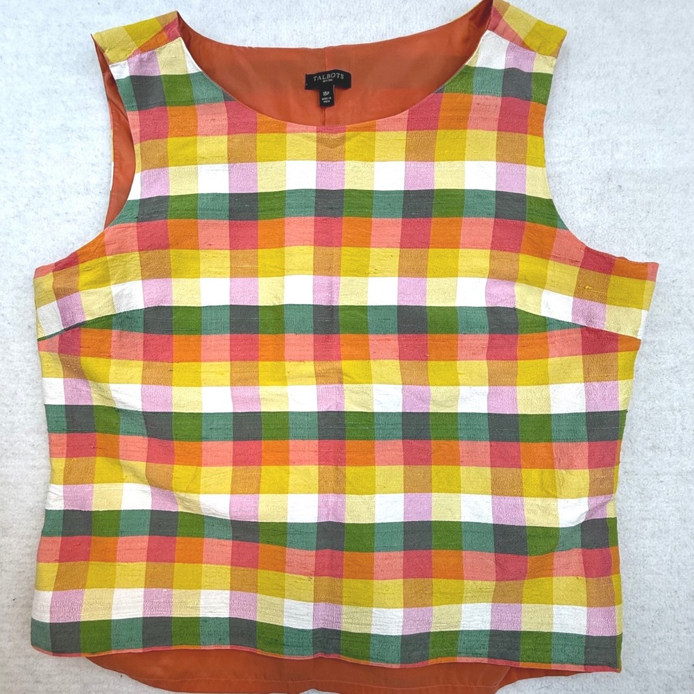 Talbots Petites Plaid Silk Top Multi-Color Gingham 16P office preppy bright - Picture 2 of 10